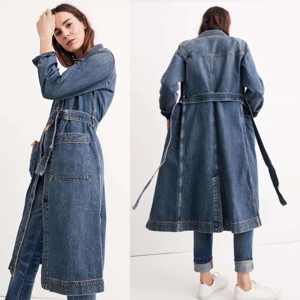 Madewell Denim Duster Coat Belted Long Jacket in Blue Women’s XS Retail: $ 178